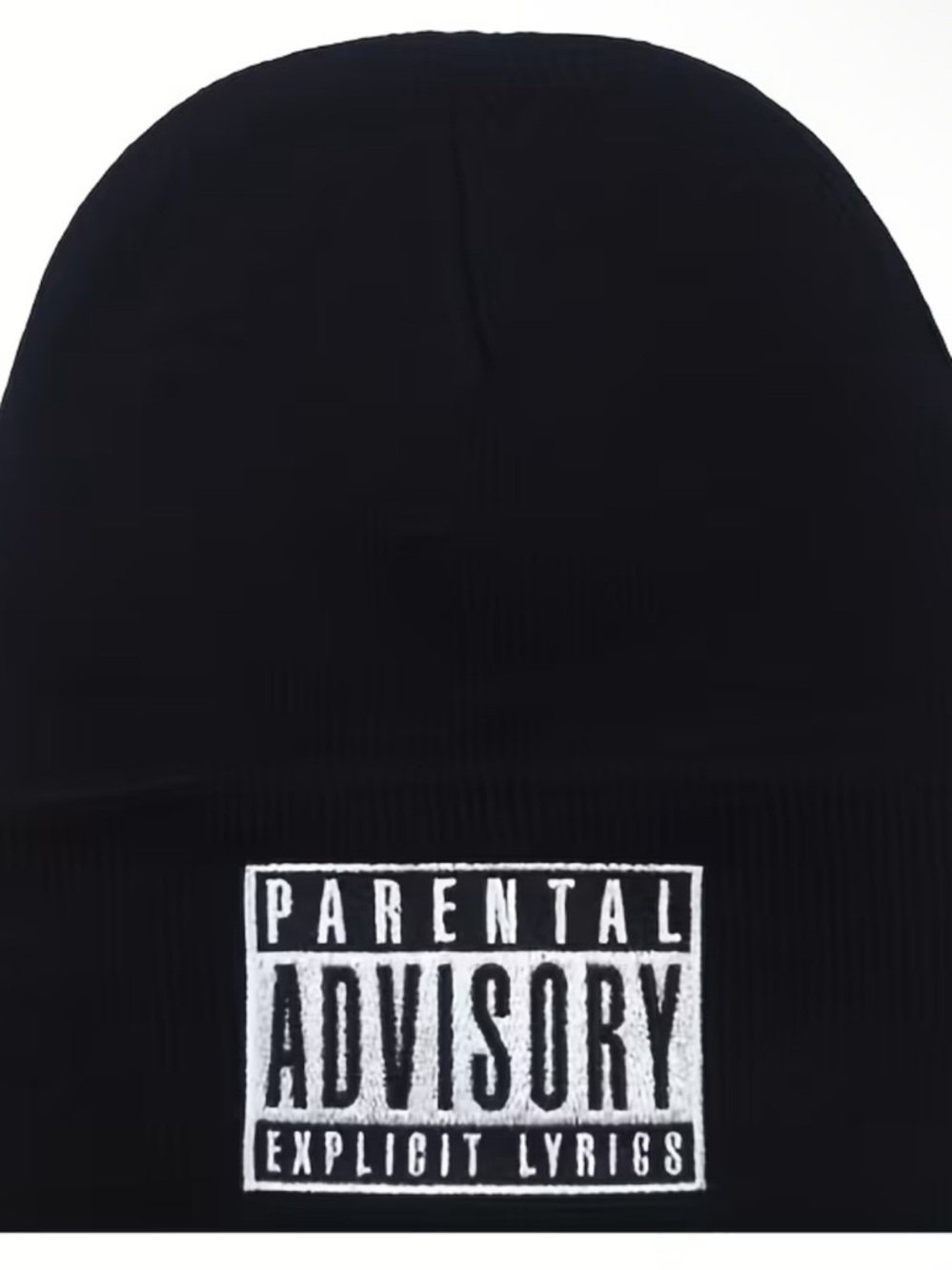 Black Beanie with White "Parental Advisory" Patch